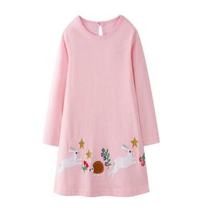 ジャンピングメーター王女の長袖の女の子のドレス動物のアップリケのデザインBunnyのベビーコットン服210529