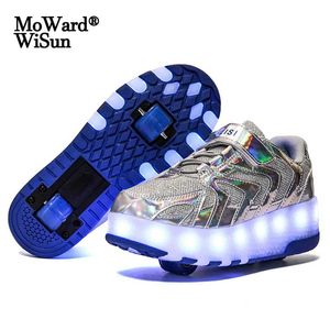 Storlek 28-41 Lysande hjul Sneakers Kids Boys USB Laddade växande LED Roller Skate Skor för barn Tjejer Dubbel 220208