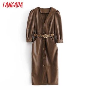 Tangada Autumn Winter women brown faux leather dress with leopard belt long sleeve ladies midi dress vestidos 3H728 210609