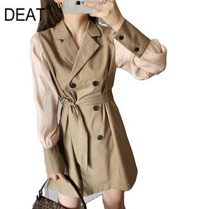 Mulheres Khaki Big Size Retalhos acima do vestido do joelho Neck entalhado manga comprida moda solta maré outono outono GX268 210421