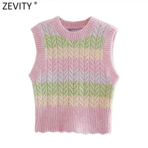 Kvinnor Mode O Neck Färg Matchande Striped Knitting Sweater Ladies Ärmlös Casual Slim Vest Korta Pullovers Tops S536 210416