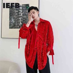 IEFB /men's wear Single-product velvet sequins fashionable lace-up large size black red shirts for male Spring tops 9Y4068 210626