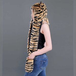 Moda cappello sciarpa guanto integrato cappello animale peluche leopardo tigre gialla modello finta pelliccia 211207