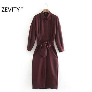 Zevity Women Vintage Solid Breasted Bow Bundet Sashes Midi Dress Femme Batwing Sleeve Casual Slim Vestido Chic Kläder DS4627 210603