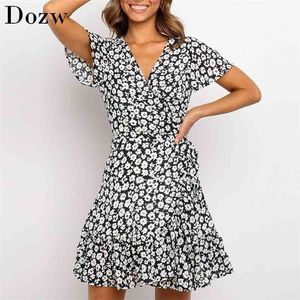 Sommar V Neck Blommig Print En Linje Klänning Ruffles Flare Kortärmad Strand Kvinnor Wrap Mini Es Robe Ete Femme 210515