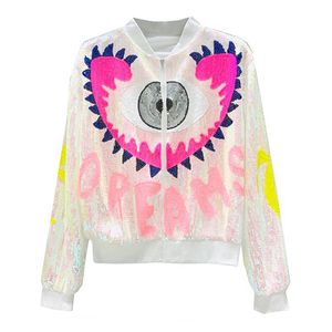 Kvinnor Black Gold Silver Rosa Multicolor Eye Letter Sequined Bomber Jacket Zipper Långärmad Baseball Uniform C0373 210514