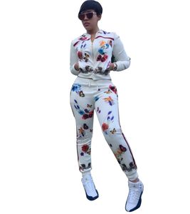 女性2ピースセットプリントバタフライフラワートラックスーツ長袖トップ+パンツスウェットスーツラウンジ衣装マッチングセットFemme X0428