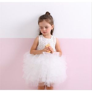 Baby Kids Girls Vit Lace Tutu Gown Klänning Liten Barn Elegant Födelsedag Prinsessan Layered Cake Vestido 210529