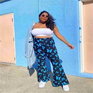 INS Match Summer 2 Piece Sets Womens Two Outfits All White Tank Crop Top Printed Skinny Flare Leg Pants Plus Size 5XL 210525