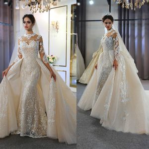 Elegant Mermaid Wedding Dress With Overskirts Dresses Illusion High Neck Long Sleeve Bridal Gowns De Soiree Turkish Couture Beads Custom Made