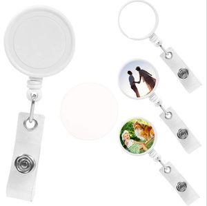 DHL300pcs Card Holders 32mm Sublimation DIY White Blank ABS Retractable Lanyard Name Tag Badge Reel Hook