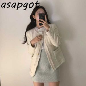 Outono inverno estilo coreano tweed redondo pescoço de manga comprida casaco magro saco de cintura alta anca quadril saia plissada fashion sets chique 210610