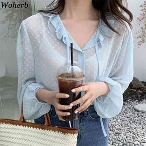 Womens Tops Coreano Chic Blusas Vintage Ruffles Polka Dot Camisas Verão Único Peito Ver através de Blusas Mujer 210519