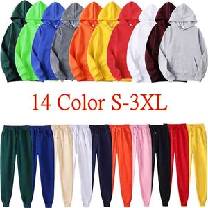 Kvinnor Solid Pullover Hoodies och byxor Suit Casual Fleece Loose Pocket Autumn Spring Sweatshirt Trousers 2 Piece Set 210507