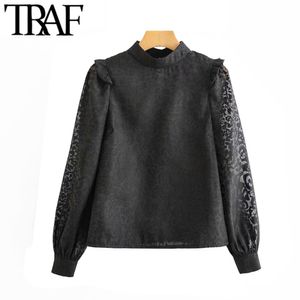 Traf kvinnor vintage sexig leopard mönster ruffles blouses mode stativ krage se genom ärmar kvinnliga skjortor blusa chic topps 210415