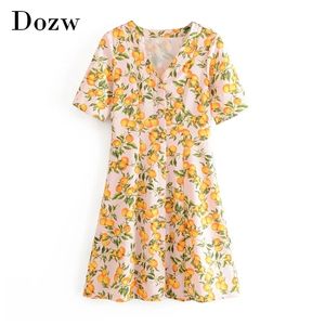 Summer Casual Printed Mini Dress Women A Line Short Sleeve Elegant es Ladies Boho V Neck Button Up Vestidos 210515