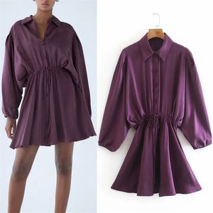 Purple Mini Shirt Dress Women Autumn Long Sleeve Collared Ruched Short Woman Elastic Waist Vintage Casual es 210519