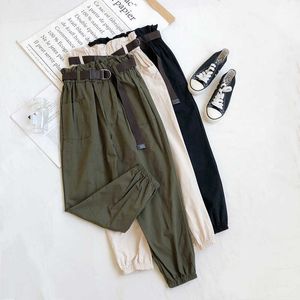 Ly Varey Lin Spring Summer Women Casual High Waist Cargo Byxor med bälte Mode Elastisk Solid Färg Ankellängd 210526