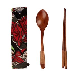 Chopsticks 3 Pcs Travelling Portable Wooden Spoon Set Western Serving Smooth Handle Tableware With Cutlery Bag (