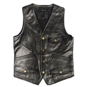 Gilet Uomo Collezione Moto Vintage, Vera Pelle Bovina, Senza Maniche, Collo Alto a V, Giacca Stile Punk Maschile