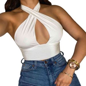 Женщины Crisscross Halter Crops Tops, сексуальные рукаваблокилсолид Цвет вырезать резервуары Tops X0507