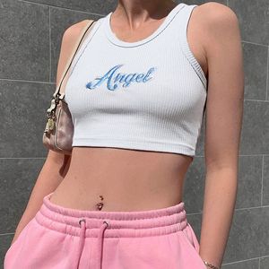 hirigin Angel Letter Embroidery Ribbed Knit White Crop Top Sexy Fashion Women Tanks Sports Summer Clothes Female Hot X0507