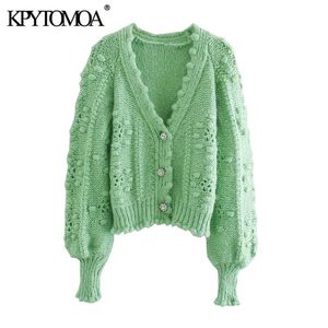 Women Fashion Textured Weave Cropped Knitted Cardigan Sweater Long Sleeve Button Female Outerwear Chic Top 210420