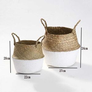 Foldable Bamboo Storage Baskets Laundry Straw Patchwork Wicker Rattan Seagrass Belly Flower Pot Planter Handmade Basket 210609