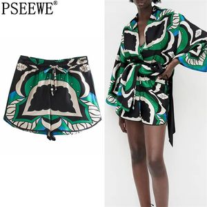 Za bermuda shorts kvinna sommar grönt tryck hög midja kort byxor kvinnor vintage lösa casual streetwear set 210621