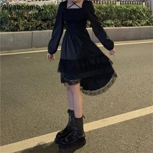 Günlük Elbiseler Gotik Kadınlar Siyah Peri Parti Elbise Çapraz Kare Yaka Lolita Prenses Düzensiz Sevimli Kawaii Dantel Ruffles Chic