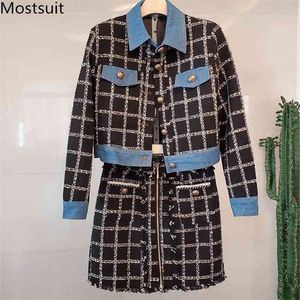 Autumn Winter Tweed Plaid Elegant Two Piece Sets Women Single-breasted Coat + High Waist Skirt Suits Vintage Korean Outfits 210518