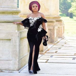 Formal African Black 2022 Mermiad Evening Dresses Lace Applique Off the Shoulder Veet Aso Ebi Split Prom Dress for Women Party