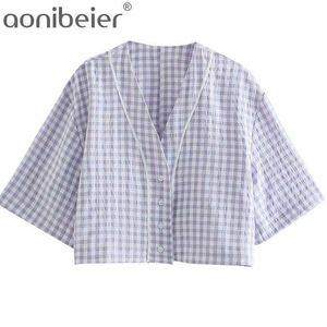 Verão de manga curta roxo xadrez colheita tops branco trim v pescoço Button-up mulheres camisas caem ombro casual blusas 210604