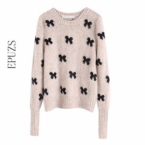 Elegant Bow Tie Appliques Knitted Sweater Women Pullovers O Neck Long Sleeve womens sweaters winter Chic Tops 210521