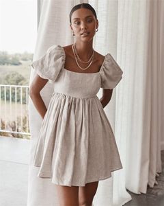 Vintage Bayanlar Puf Kollu Elbise Pamuk Keten Kadın Yaz Elbise Sevimli Kare Yaka A-Line Pileli Günlük Elbise Kadınlar 210521