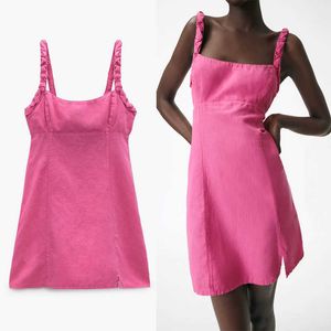 Za Pink Linen Summer Dress Women Sleeveless Wide Straps Backless Sexy Party Dresses Back Tie Zip Woman Ruching Mini Dress 210602