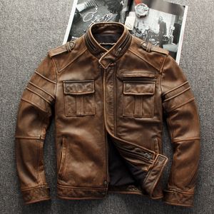 Vintage Motorcykeljacka Män Läderjackor 100% Äkta Cowhide Slim Fit Skin Coat Man Biker Kläder Höst M698