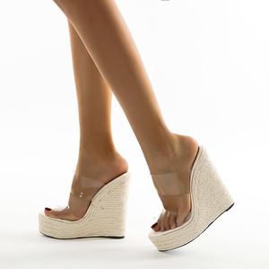 Tofflor Transparenta Kvinnor Plus Storlek 35-42 Peep Toe Platform Slides Sandaler Wedge High Heels Casual Clear Shoes för