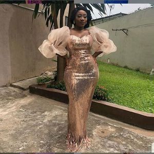 Wholesale rose gold plus size for sale - Group buy Rose Gold Sequind Mermaid Prom Dresses Puffy Sleeve Plus Size Evening Gowns Sweetheart Sexy Formal Party Dress African