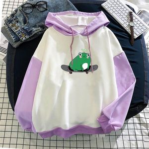 Women's Hoodies Cute Frogs Printing Skateboard Print Stitching Oversized Long-sleeved Plus Velvet Hoodie Sweater