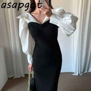 Lapel Black White Patchwork Fake Two Piece Shirt Dress Women Slim High Waist Lantern Sleeve Mermaid Klänning Trumpet Maxi Vestido 210610