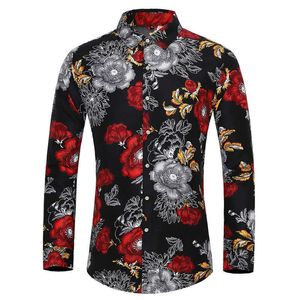 Многие стили мужчины Длинные рукава плюс размер 7xL рубашка мода роза растение цветок напечатана рубашка гавайские досуг каникулы мужская одежда 210708