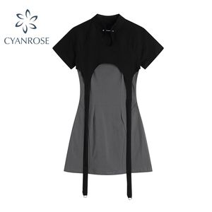 Streetwear Dois Peças Vestidos Conjuntos Mulheres Simples Manga Curta Cinza Tops e Na Moda Sólida Básica Spaghetti Strap Mini Vestiods 210515