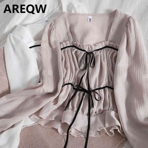 Spring Clothes Small Shirt with Fungus and Square Collar, All-match Thin Shirt, Contrasting Color Side Lace Blouse Women 210507
