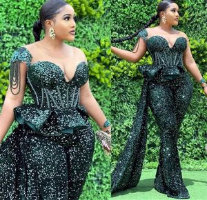 Hunter Green Jumpsuits Prom Dresses African Glitter Sheer Neck Sequined Long Sleeve Plus Size Formal Evening Gowns Pageant Dress