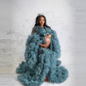 Navy Tulle Ruffles Kimono Women Dresses Robe for Photoshoot Extra Puffy Sleeves Prom Gowns African Cape Cloak Maternity Dress Photography