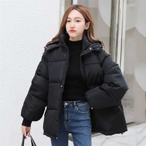 Koreansk stil Vinter Kvinnor Down Jacket Oversize Loose Hooded Kvinna Puffer Jackor Kort vadderad Solid Womens Coat 211013