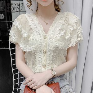 Short Sleeve V-neck Blouse Summer Sweet Lace Ruffle Stitching Women Tops Crochet Mesh Chiffon Shirt Blusas 14174 210528