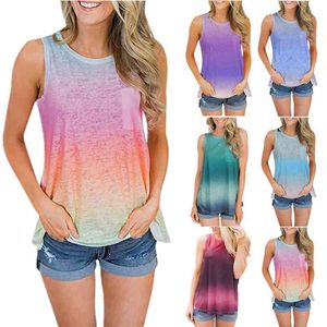 Female Pocket O-neck Gradient Blue Sleeveless Tank Top Women Summer Cotton Pullover Casual Loose Plus Size s 210604