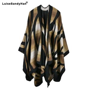 Oversize Deversible Women Winter Sticked Cashmere Poncho Capes Sjal Cardigans Sweater Coat 210805